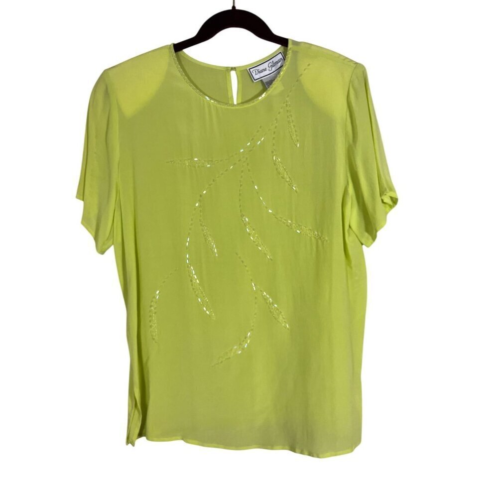 Diane Gilman Top Women M Yellow Silk Beaded Mature Feminine Boho Western Classic